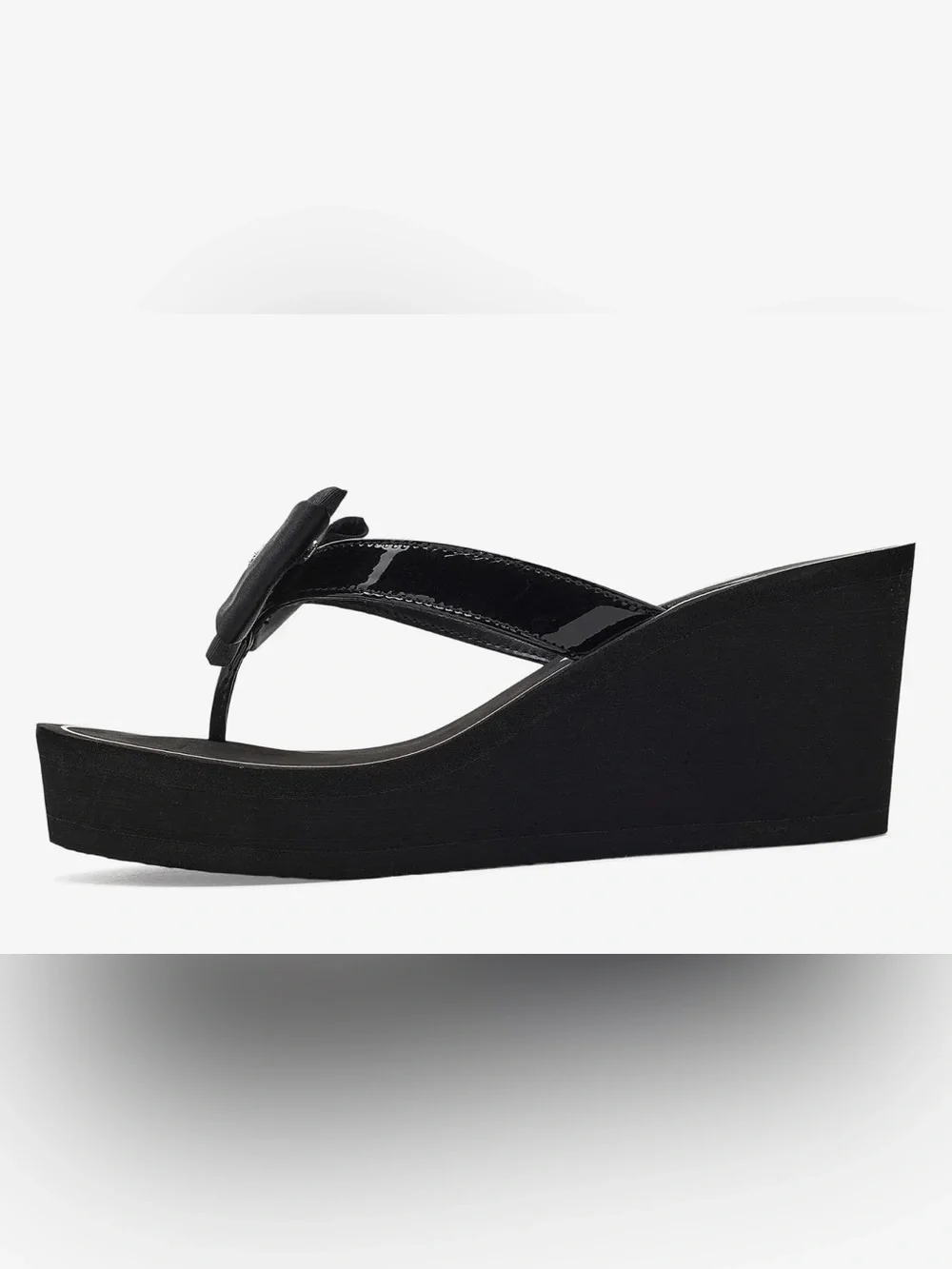 Black Wedge Flip-Flop Sandals with Bow and Rhinestone Accent Size 9